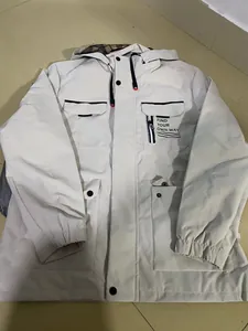 Detailed view of white men's casual hooded parka jacket with functional pockets