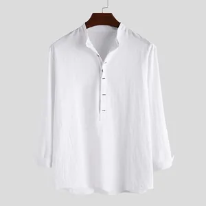 Close-up of a men's white cotton stand collar long sleeve casual shirt on a hanger