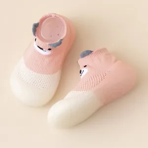 Breathable pink mesh baby indoor walking shoes with cute cartoon face design