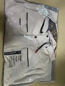 Detailed view of off-white men's hooded parka jacket inside plastic packaging bag