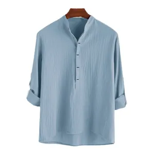 Men's casual light blue long sleeve cotton shirt with a stand collar for autumn
