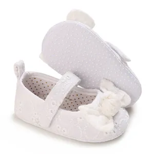 Vue détaillée de chaussures de princesse pour bébé en dentelle blanche avec nœud