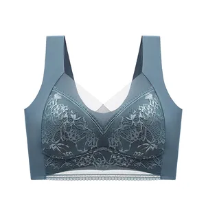 Reggiseno in pizzo senza cuciture blu con coppe fisse e senza ferretto.