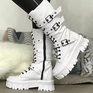 Γυναικείες Μπότες Punk Πλατφόρμα Μέσο Γάμπας Gothic Αγκράφα Κορδόνια Χοντρή Σόλα Μπότες Ιππότη Πλευρικό Φερμουάρ Δέρμα PU