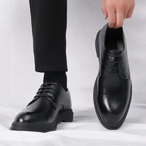 Men Business Formal Leather Shoes Height Increasing Dress Shoes Fleece Lined Breathable Wedding Groom Footwear Black