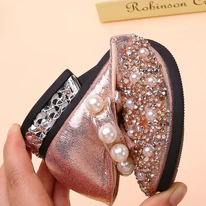 Elegant rose gold girls' princess shoes with faux pearls and rhinestones for parties