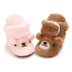 Weiche Baby-Bär-Schuhe aus Plüsch mit Cartoon-Ohren und rutschfester Sohle, Rosa-Braun