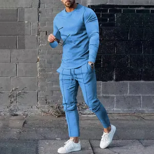 Full view of men's casual light blue long-sleeve tracksuit and jogger pants set.