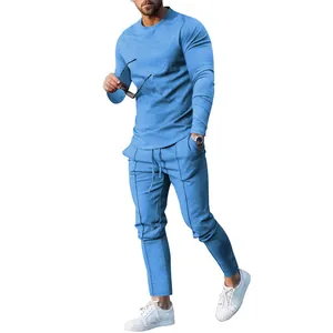 Men's light blue casual two-piece set with crew neck long sleeve top and matching pants