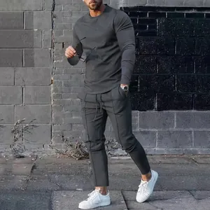 Casual grey two-piece set for men featuring a long-sleeve tee and matching pants