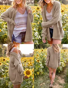Oversized khaki lantern sleeve knit cardigan shown in multiple views in a sunflower field
