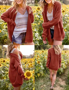 Detail view showing front, side, and back of a rust-red lantern sleeve knit cardigan