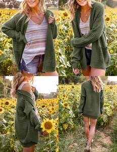 Cozy olive green lantern sleeve knit cardigan shown from multiple outdoor angles