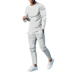 Men's casual two-piece autumn sports set featuring grey crew neck long sleeve top and joggers