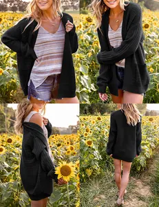 Detailed multi-angle views of a stylish black lantern sleeve knit cardigan for women