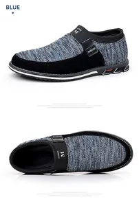 Vue détaillée de mocassins bleus en maille pour hommes, profil latéral et dessus.