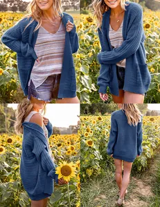 Detailed multi-angle views of blue lantern sleeve knitted cardigan in a sunflower field