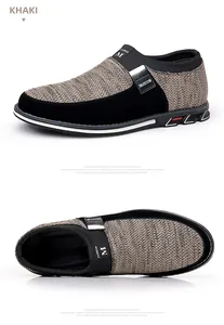Vues détaillées des mocassins décontractés en fly-knit kaki et noir pour hommes.