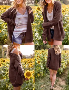 Women's brown knit cardigan with lantern sleeves and stylish hollow-out texture