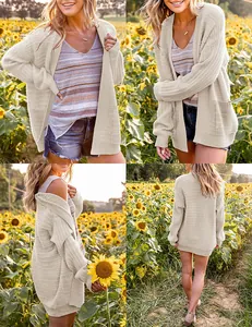 Four-angle detail of cream hollow knit lantern sleeve cardigan in a sunny sunflower field.