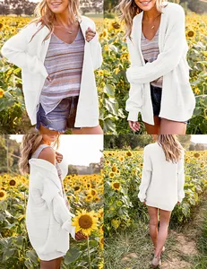 Collage of white knit cardigan with lantern sleeves shown from four different angles