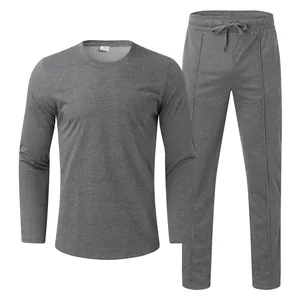 Premium grey men's long-sleeve t-shirt and matching drawstring trousers two-piece set