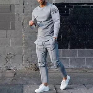 Full view of men's slim fit grey long sleeve t-shirt and matching pants set