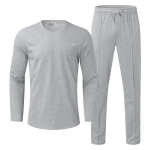 Grey men's casual two-piece set with long sleeve crew neck t-shirt and drawstring pants