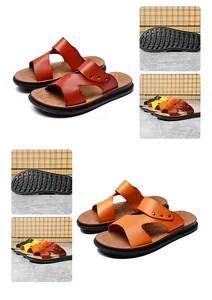Detailed collage view of men's non-slip PU leather outdoor sandals in various colors