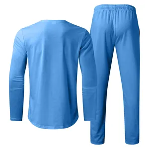 Detailed back view of men's solid blue long-sleeve T-shirt and pants two-piece set