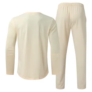 Back view of men's solid cream long-sleeve T-shirt and matching pants set