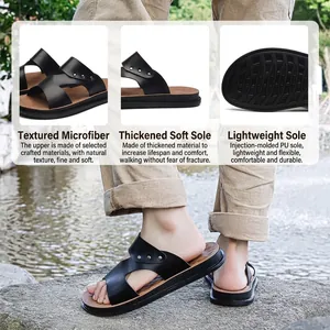 Men's outdoor black PU leather sandals with non-slip thick soft sole for beach summer
