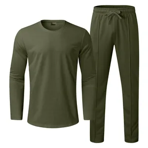 Detailed view of olive green men's long sleeve T-shirt and pants set with crew neck
