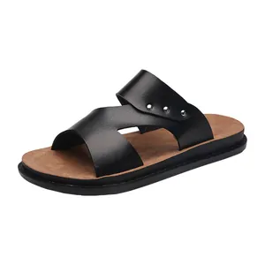 Men's outdoor PU leather sandals with anti-slip soft sole and metal stud details for beach wear