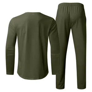 Back view of army green men's long sleeve T-shirt and matching pants set