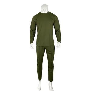 Full view of men's olive green long-sleeve T-shirt and matching slim pants set.
