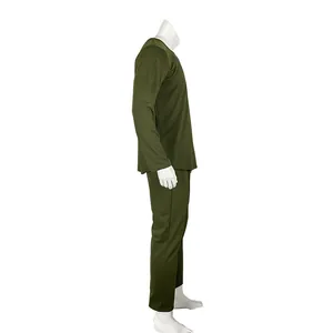 Side profile view of men's olive green long-sleeve T-shirt and slim fit long pants set
