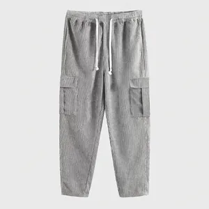 Pantaloni cargo casual in velluto a coste grigio da uomo con comoda coulisse bianca