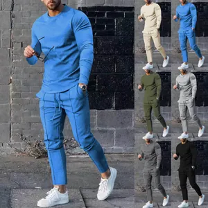 Men Solid Color Long Sleeve T-Shirt And Long Pants Set Casual Sporty Slim Fit Top And Bottom Suit For Men Autumn