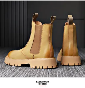 Side and back view of men's premium leather yellow Chelsea boots with thick platform sole
