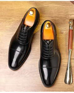 Premium black genuine leather cap-toe Oxford shoes for men's formal business attire