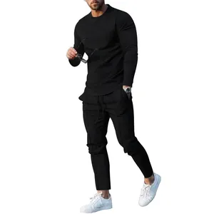 Men's solid black long-sleeve T-shirt and pants two-piece set, slim-fit sportswear.
