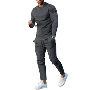 Men's premium slim-fit solid color two-piece set with long-sleeve T-shirt and joggers