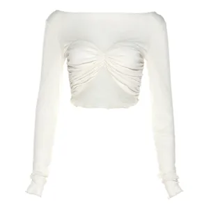 Detailed view of white long-sleeved cropped T-shirt featuring ruched bust and slim fit