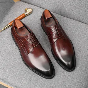 Hommes Style Britannique Chaussures Derby de Ville Cuir de Vache de Première Couche Gaufrage Crocodile Confortable Respirant Antidérapant Chaussures de Ville en Cuir