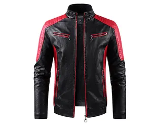 Front view detail of a men's black and red racer leather jacket with fleece lining