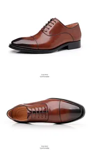 Professional detailed views of premium brown leather cap-toe Oxford shoes with gradient finish.