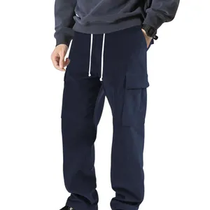 Pantaloni cargo larghi in velluto a coste blu scuro da uomo con gamba dritta e coulisse