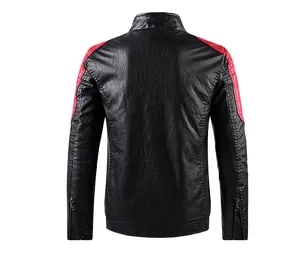Detailed back view of men's black PU leather motorcycle jacket with red shoulder panels