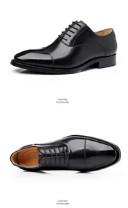 Close-up detail of black genuine leather cap-toe oxford shoes for men in formal style